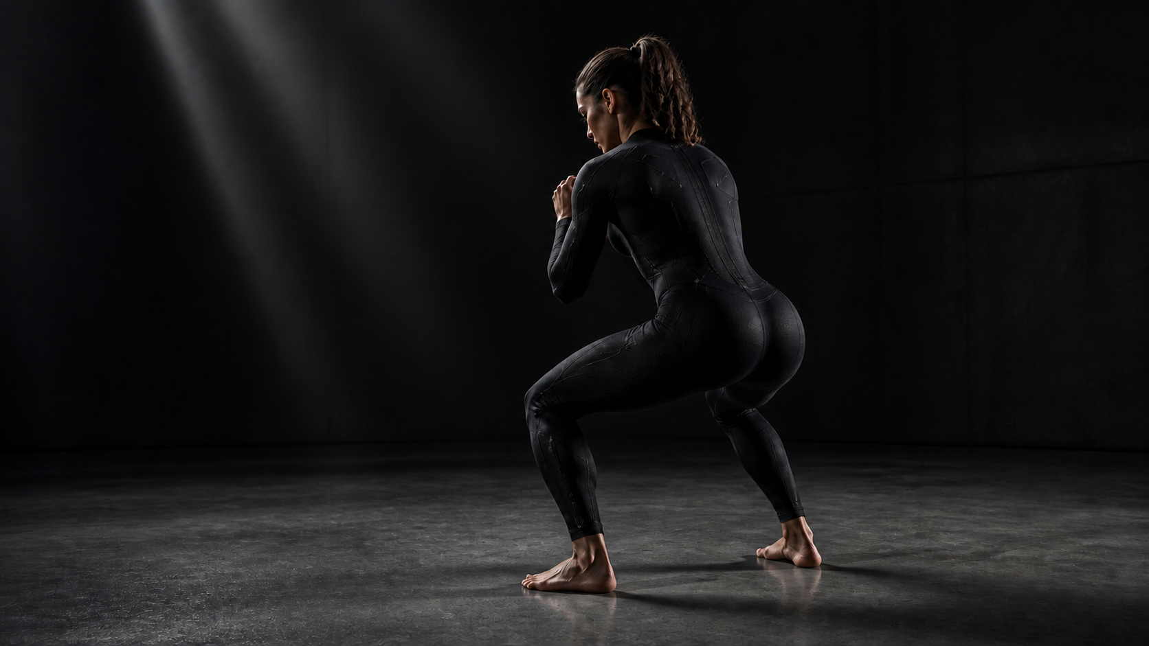 Concept rendering of an athlete squatting in a black Demson training outfit.